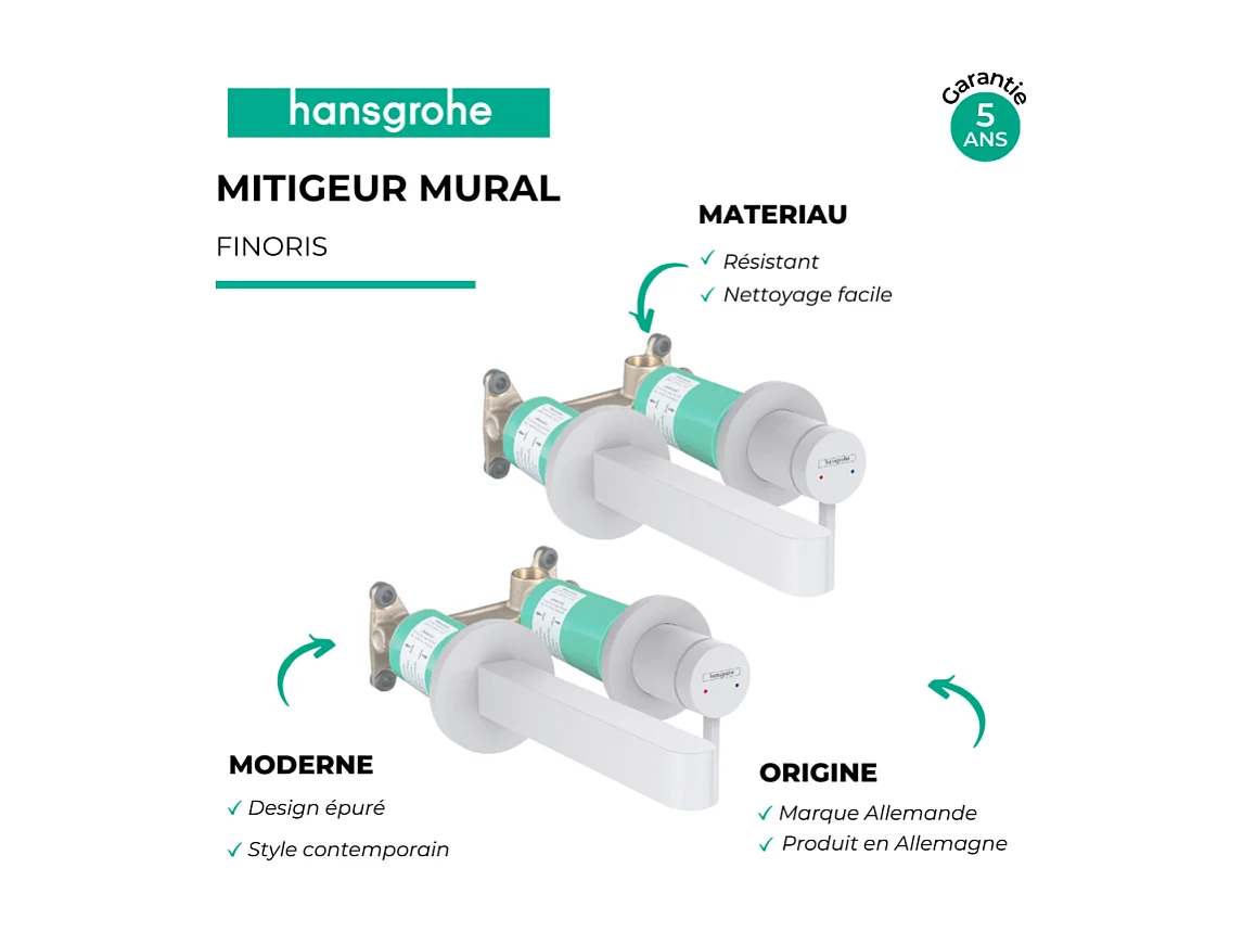 Lot de 2 mitigeurs lavabo mural HANSGROHE Finoris 165 mm + bonde à écoulement libre Blanc mat + Corps encastré