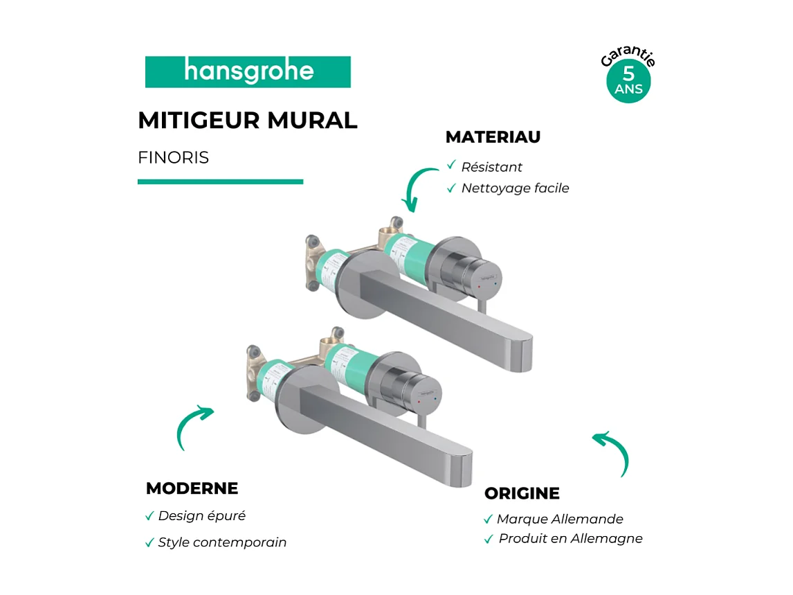 Lot de 2 mitigeurs lavabo mural HANSGROHE Finoris 255 mm + bonde à écoulement libre Chromé + Corps encastré