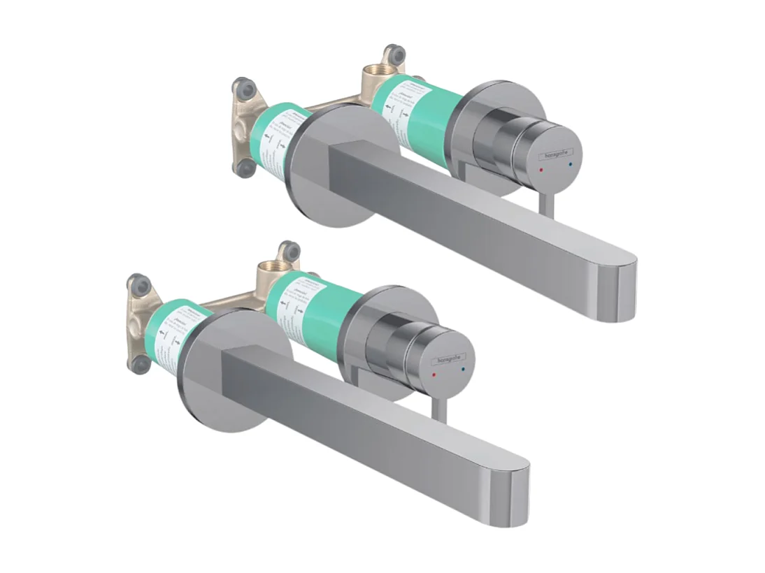 Lot de 2 mitigeurs lavabo mural HANSGROHE Finoris 255 mm + bonde à écoulement libre Chromé + Corps encastré