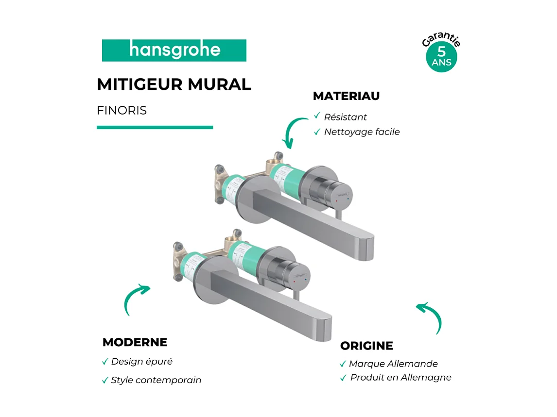 Lot de 2 mitigeurs lavabo mural HANSGROHE Finoris 255 mm + bonde à écoulement libre Chromé + Corps encastré