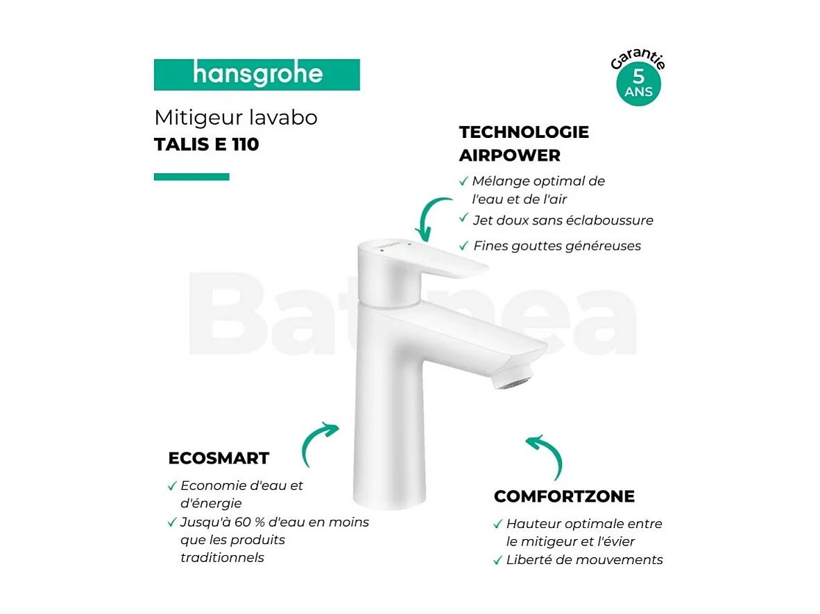 HANSGROHE Mitigeur de lavabo Talis E 110 avec tirette et vidage blanc mat