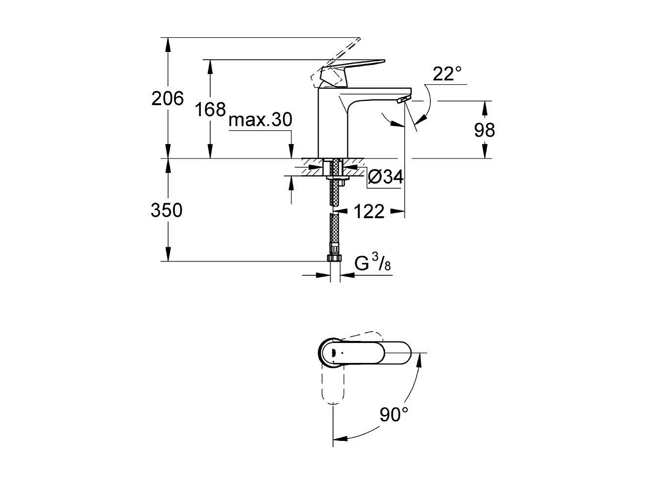 GROHE Mitigeur lavabo Eurosmart Cosmopolitan corps lisse Taille M