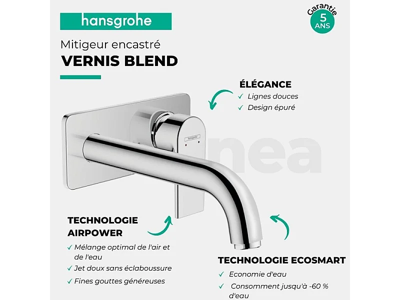 Mitigeur lavabo encastré mural Hansgrohe Vernis Shape, EcoSmart chromé