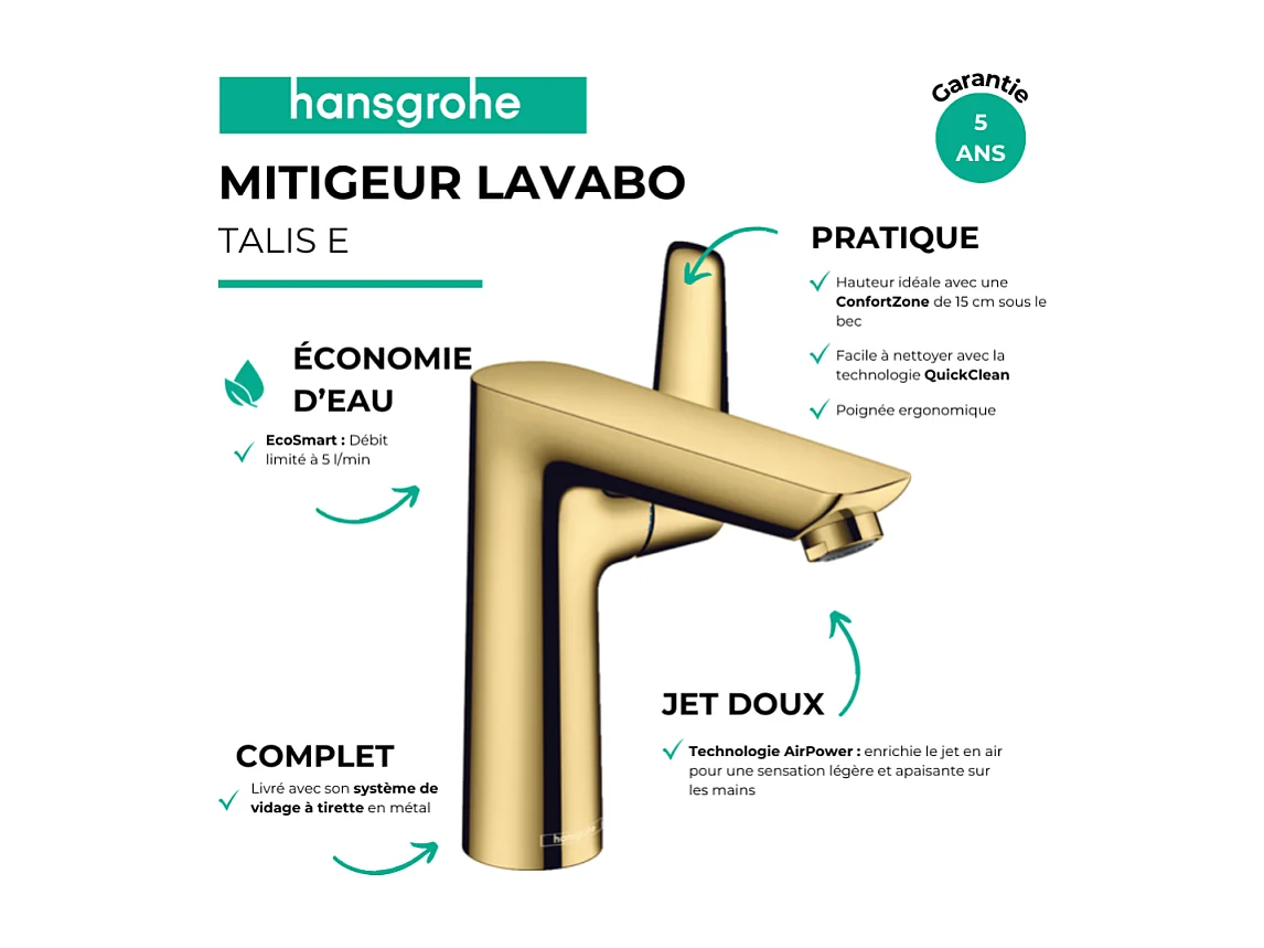 Mitigeur lavabo HANSGROHE Talis E 150 EcoSmart  avec tirette et vidage aspect doré poli