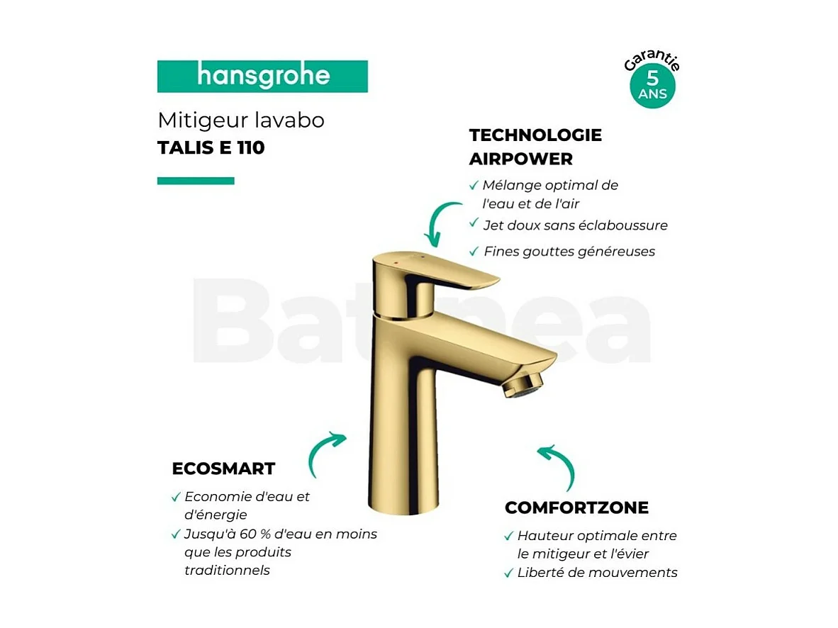 HANSGROHE Mezclador de lavabo Talis E 110 con desagüe automático y extraíble en aspecto dorado pulido