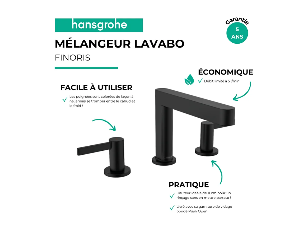 Mélangeur de lavabo 3 trous HANSGROHE Finoris 110 avec bonde Push-Open noir mat