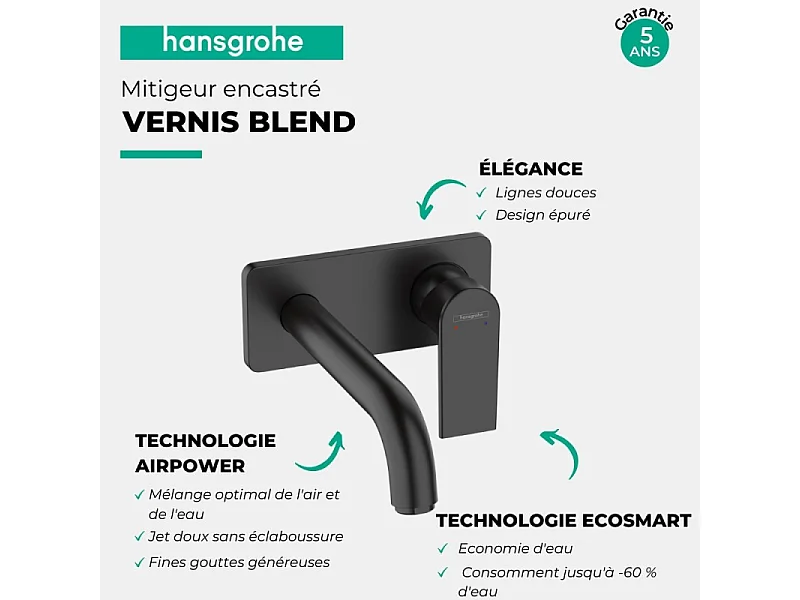 Mitigeur lavabo encastré mural Hansgrohe Vernis Shape, EcoSmart noir mat