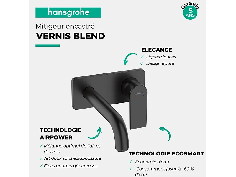 Mitigeur lavabo encastré mural Hansgrohe Vernis Shape, EcoSmart noir mat