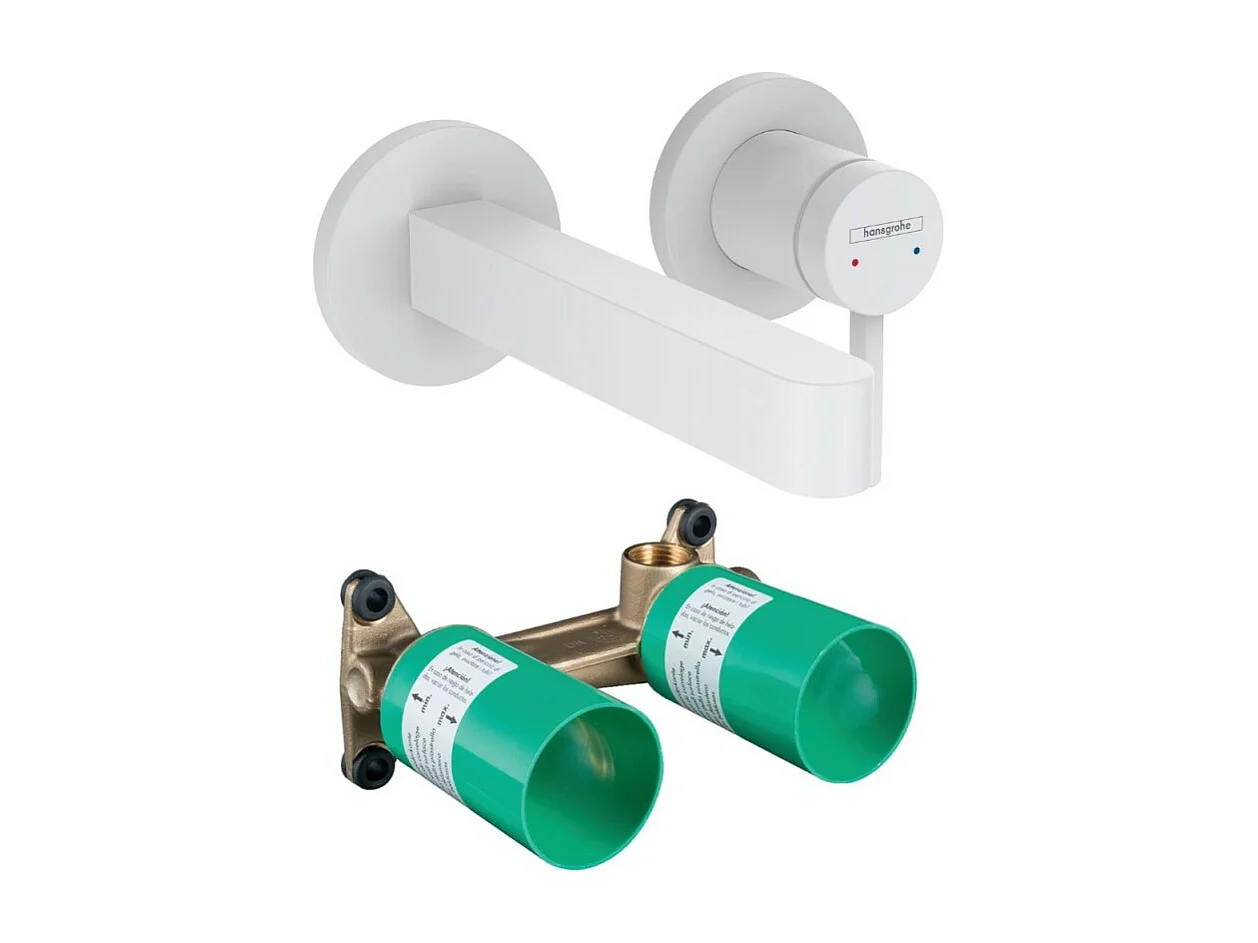 Mitigeur lavabo mural HANSGROHE Finoris 165 mm + bonde à écoulement libre Blanc mat + Corps encastré