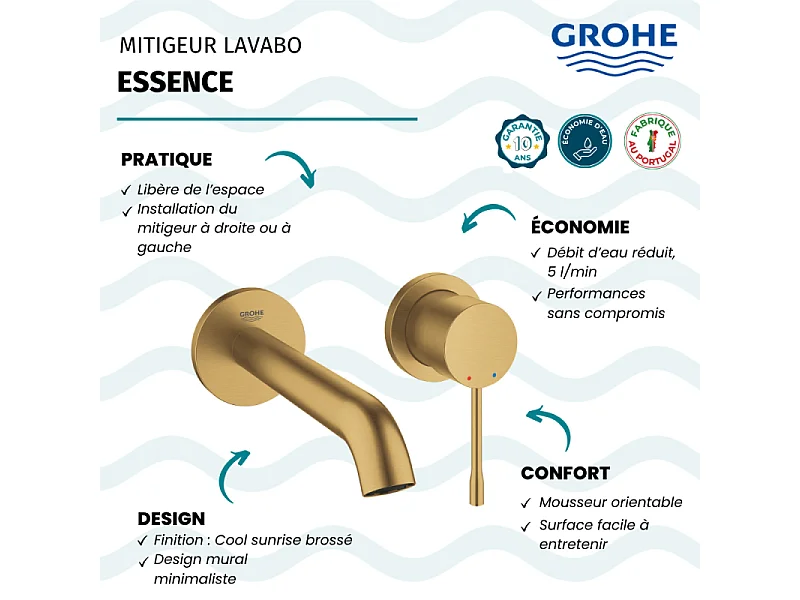 Mitigeur mural lavabo GROHE Essence Taille L cool sunrise brossé