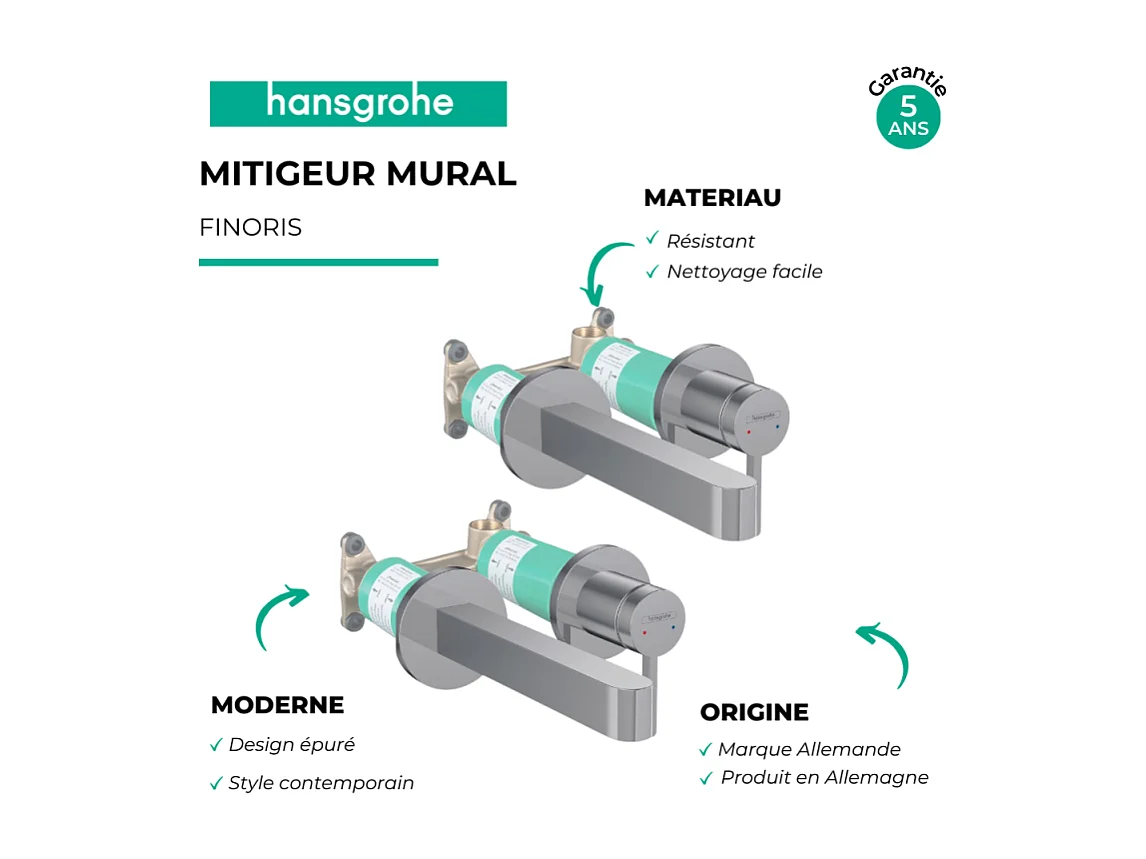 Lot de 2 mitigeurs lavabo mural HANSGROHE Finoris 165 mm + bonde à écoulement libre Chromé + Corps encastré