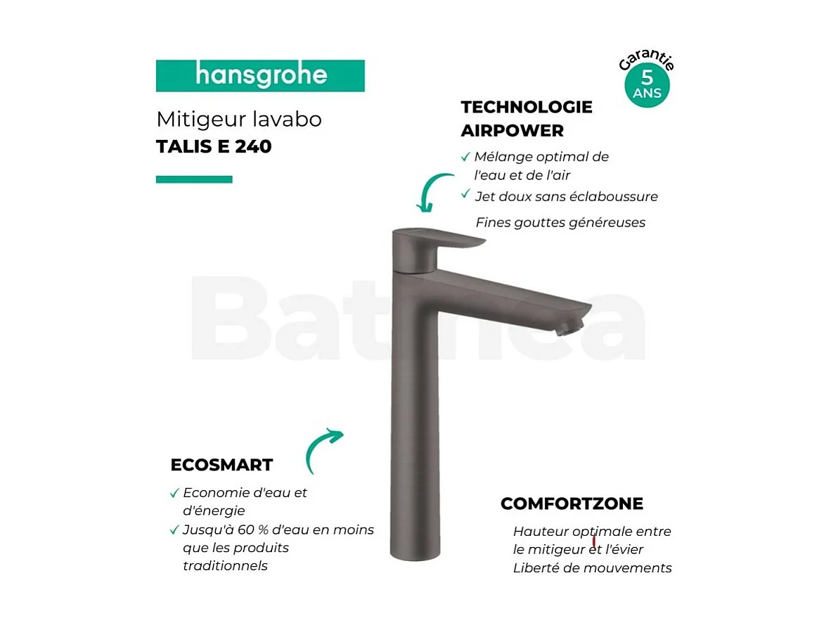 HANSGROHE Mitigeur lavabo Talis E 240, avec tirette et vidage noir chromé brossé