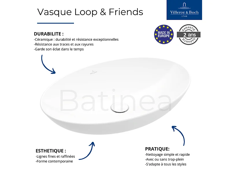 Vasque 62 x 42 ovale à poser VILLEROY ET BOCH Loop & Friends non meulé stone white avec trop plein