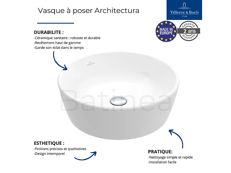 Vasque ronde à poser VILLEROY ET BOCH Architectura 45 x 45 sans trop plein