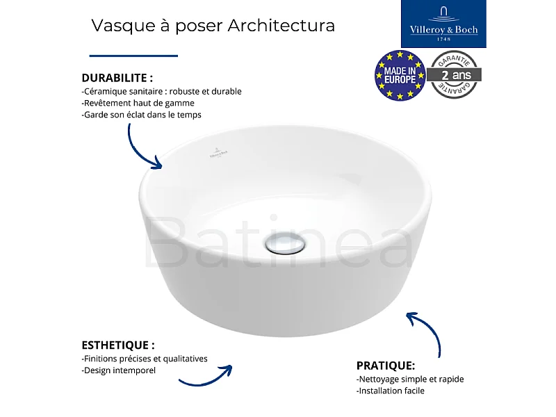 Vasque ronde à poser VILLEROY ET BOCH Architectura 45 x 45 sans trop plein