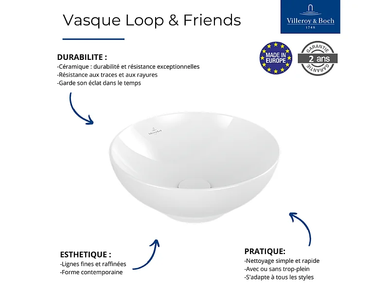 Vasque ronde à poser VILLEROY ET BOCH Loop and Friends non meulé Blanc CeramicPlus 42 x 42 sans trop plein