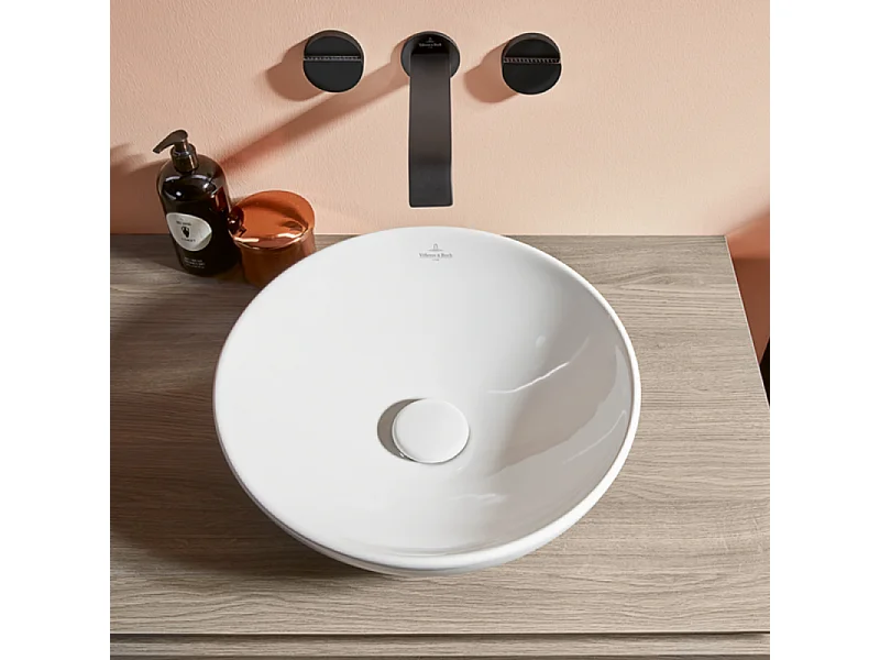 Vasque 42 x 42 ronde à poser VILLEROY ET BOCH Loop & Friends non meulé stone white avec trop plein