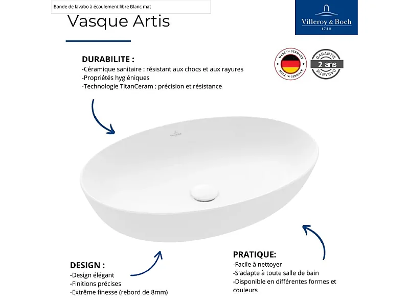 Vasque ovale à poser VILLEROY ET BOCH Artis Stone White CeramicPlus