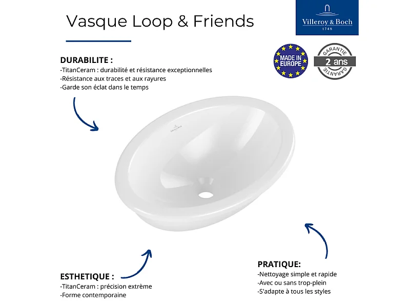 Vasque ovale 66 x 47 à encastrer VILLEROY ET BOCH Loop & Friends TitanCeram sans trop plein