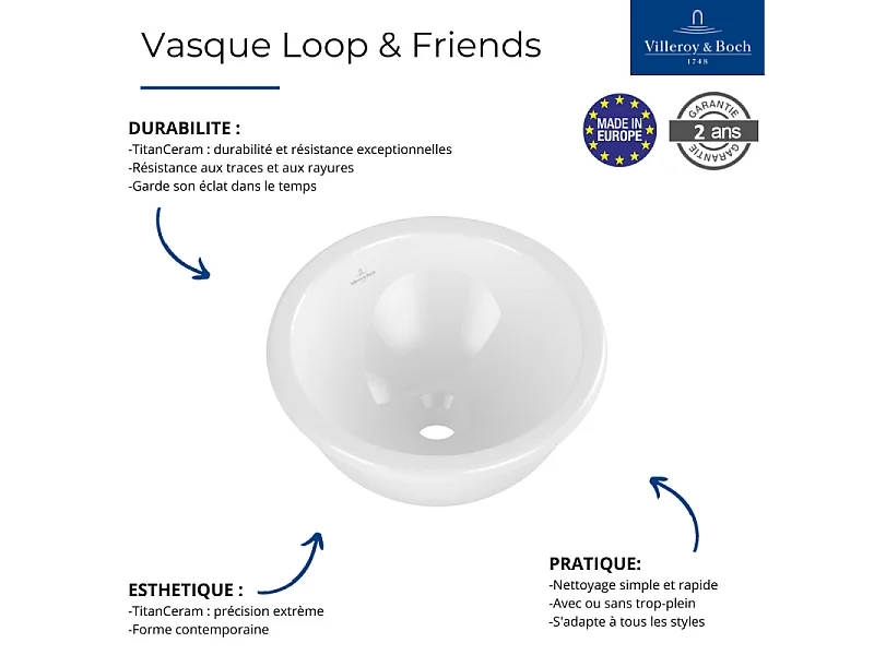 Vasque ronde 39 x 39 à encastrer VILLEROY ET BOCH Loop & Friends TitanCeram