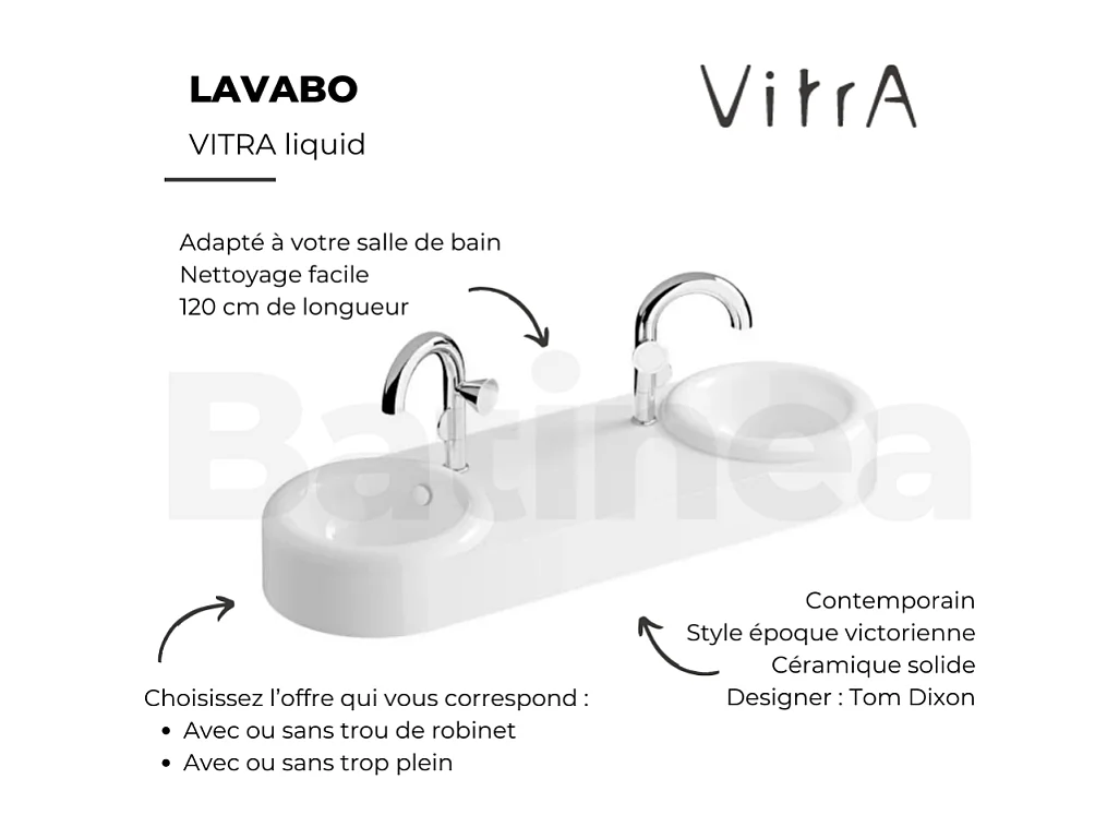 Double lavabo VITRA Liquid 120 cm avec trou et avec trop-plein