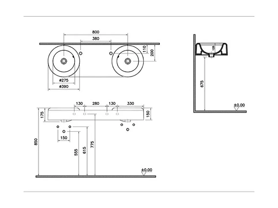 Double lavabo VITRA Liquid 120 cm avec trou et avec trop-plein