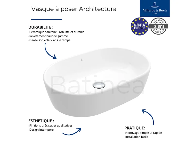 Vasque ovale à poser VILLEROY ET BOCH Architectura Blanc CeramicPlus 60 x 40 sans trop plein
