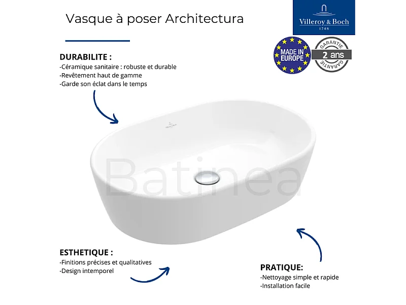 Vasque ovale à poser VILLEROY ET BOCH Architectura Blanc CeramicPlus 60 x 40 sans trop plein
