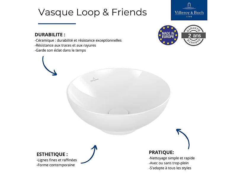 Vasque 38 x 38 ronde à poser VILLEROY ET BOCH Loop & Friends non meulé Stone white sans trop plein