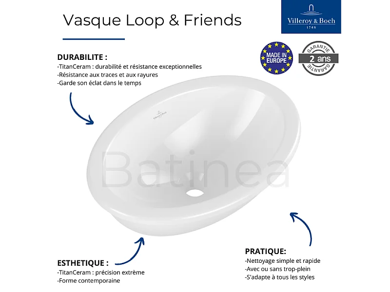 Vasque 50,5 x 36 ovale à poser VILLEROY ET BOCH Loop & Friends TitanCeram Stone white sans trop plein