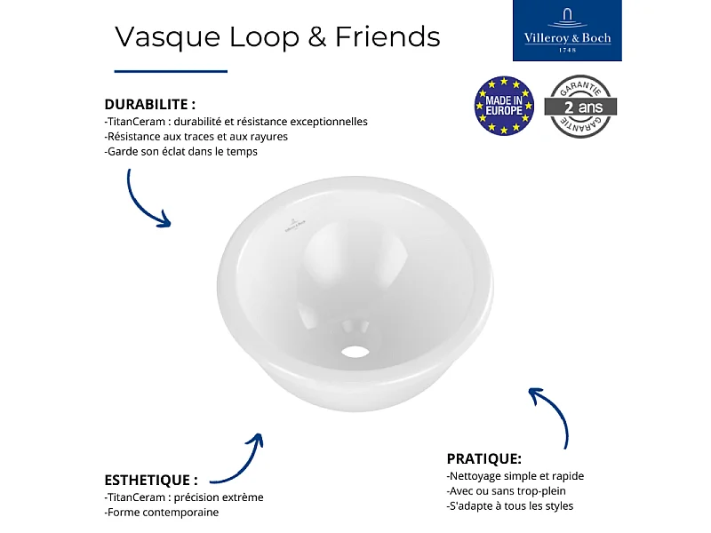 Vasque ronde 45 x 45 à encastrer VILLEROY ET BOCH Loop & Friends TitanCeram sans trop plein