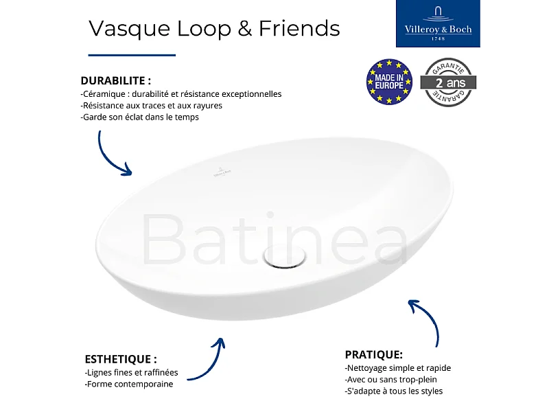 Vasque 56 x 38 ovale à poser VILLEROY ET BOCH Loop & Friends non meulé blanche sans trop plein