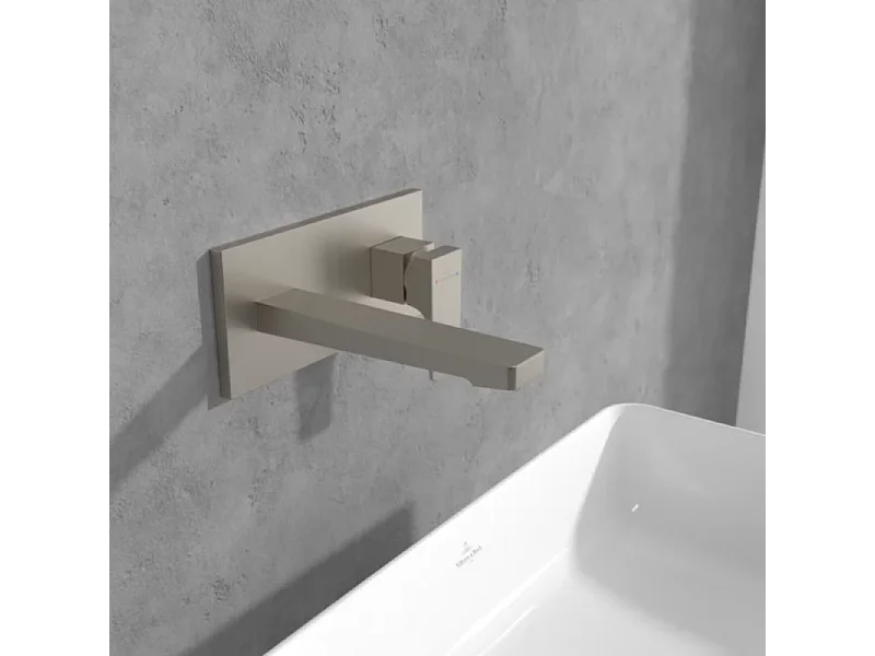 Mitigeur lavabo mural VILLEROY ET BOCH Architectura Square avec vidage Push Open Brushed Nickel Matt + corps encastré