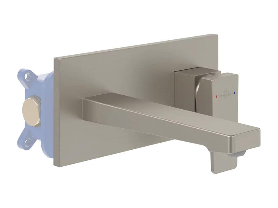 Mitigeur lavabo mural VILLEROY ET BOCH Architectura Square avec vidage Push Open Brushed Nickel Matt + corps encastré