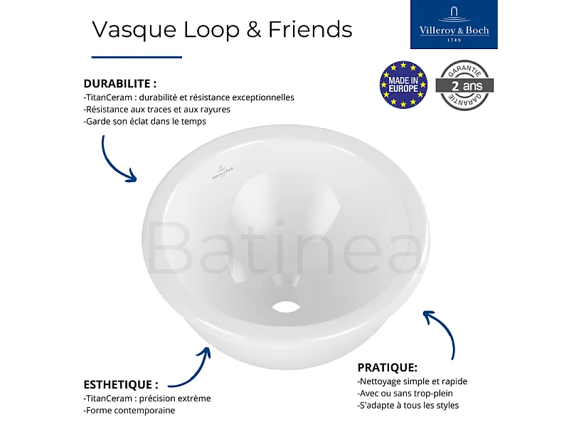 Vasque 45 x 45 ronde à poser VILLEROY ET BOCH Loop & Friends TitanCeram blanche sans trop plein
