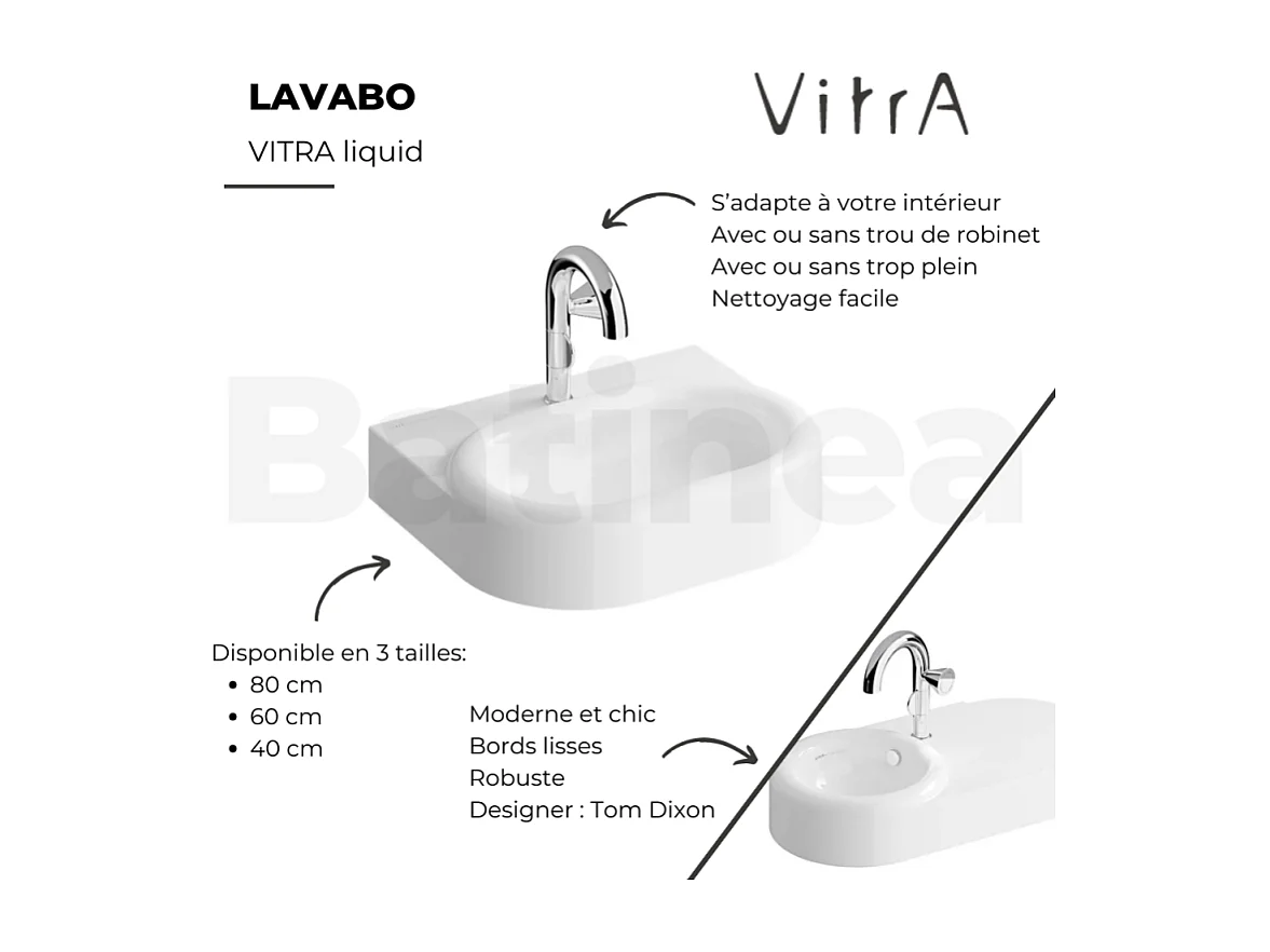 Lavabo VITRA Liquid 60 cm sans trou et avec trop-plein