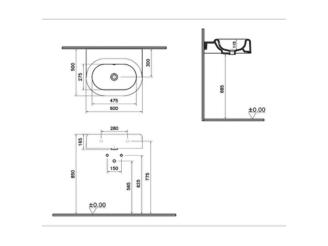 Lavabo VITRA Liquid 60 cm sans trou et avec trop-plein
