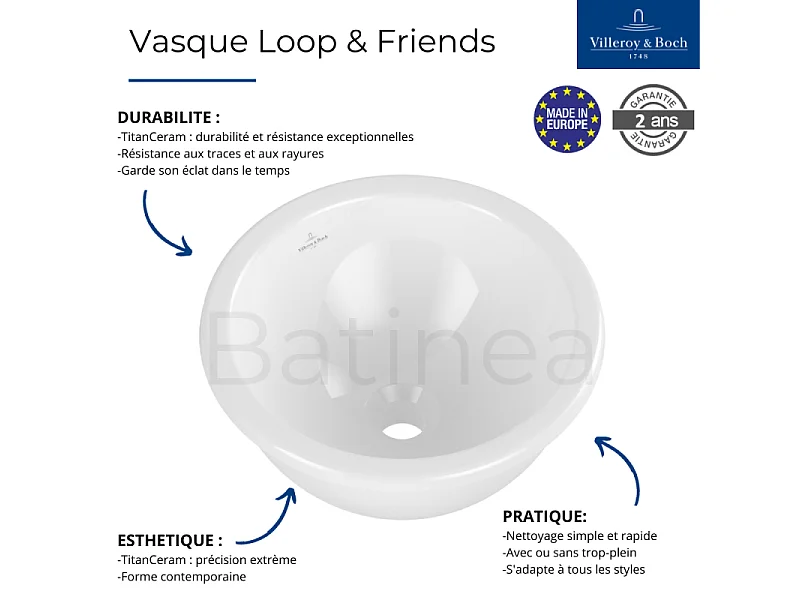 Vasque 39 x 39 ronde à poser VILLEROY ET BOCH Loop & Friends TitanCeram Stone white sans trop plein