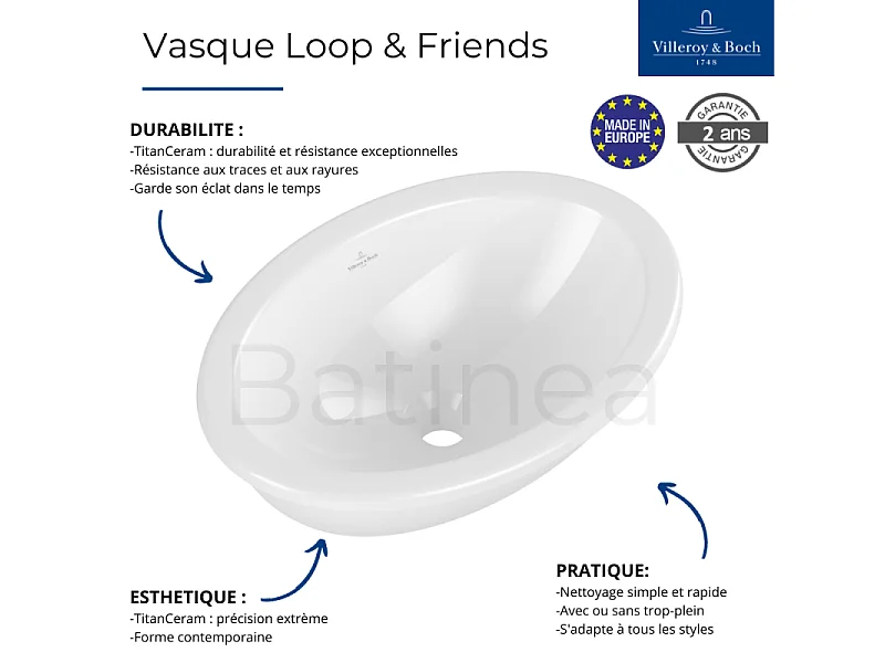 Vasque 66 x 47 ovale à poser VILLEROY ET BOCH Loop & Friends TitanCeram blanche avec trop plein