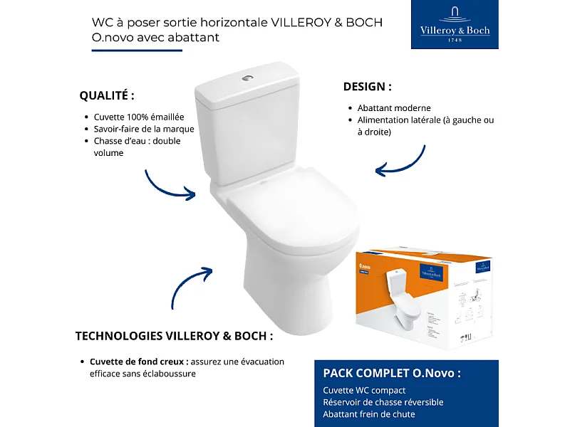 WC à poser sortie horizontale VILLEROY & BOCH O.novo avec abattant