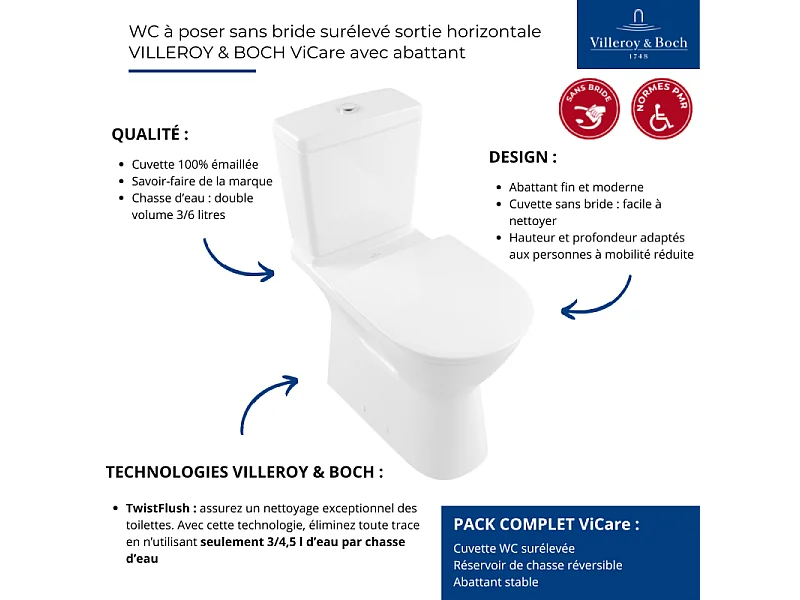 WC à poser sans bride surélevé sortie horizontale VILLEROY & BOCH ViCare avec abattant