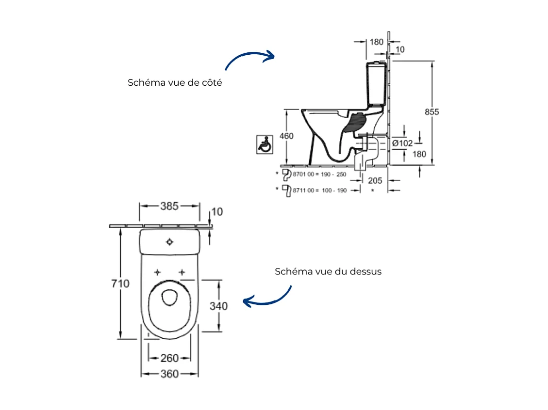 WC à poser sans bride surélevé sortie horizontale VILLEROY & BOCH ViCare avec abattant