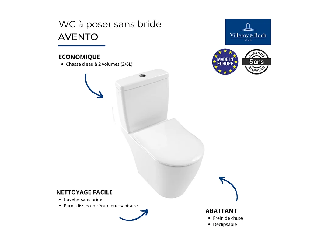 WC à poser sans bride VILLEROY ET BOCH Avento avec abattant + nettoyant
