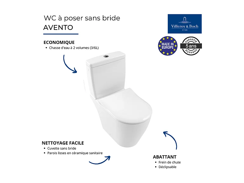 WC à poser sans bride VILLEROY ET BOCH Avento avec abattant + nettoyant
