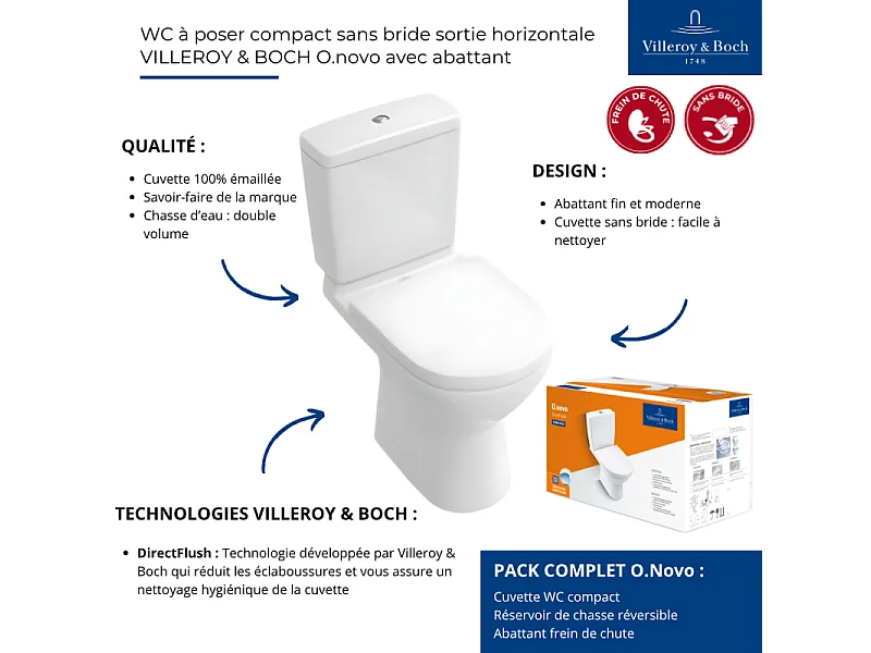 WC à poser compact sans bride sortie horizontale VILLEROY & BOCH O.novo avec abattant fein de chute