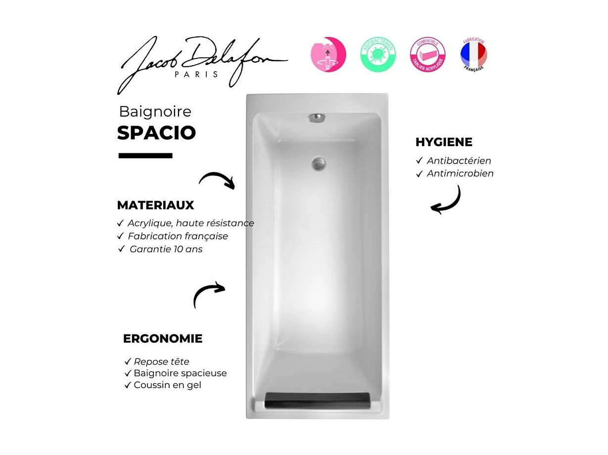 Pack baignoire bain douche JACOB DELAFON Spacio 170 x 70 cm + pare-bain noir mat