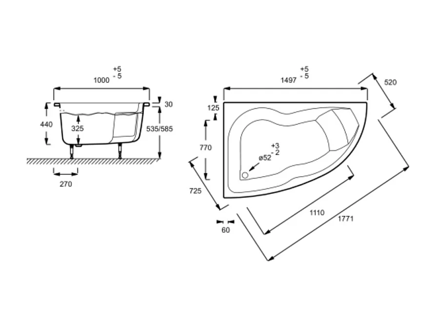 Baignoire d'angle 150 X 100 JACOB DELAFON Microméga Duo version gauche