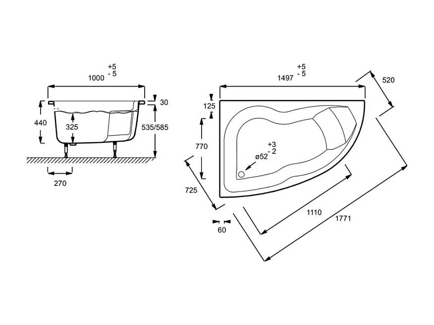 Baignoire d'angle 150 X 100 JACOB DELAFON Microméga Duo version gauche