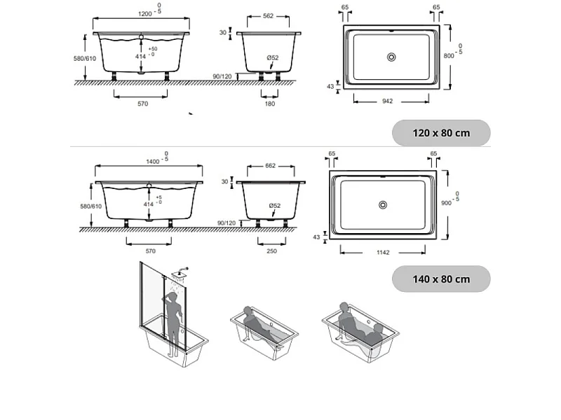 Baignoire bain douche JACOB DELAFON Capsule, compacte + pare bain en angle 140 x 90 cm