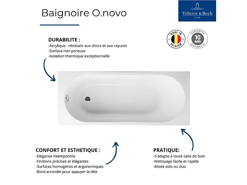 Baignoire droite 190 X 90 VILLEROY ET BOCH O Novo Duo acrylique